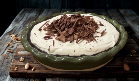 Chocolate pie with whipped cream and chocolate shavings on a wooden board
